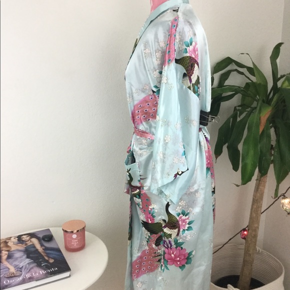 Peacock Blue Romantic Satin Kimono Robe - Picture 3 of 4